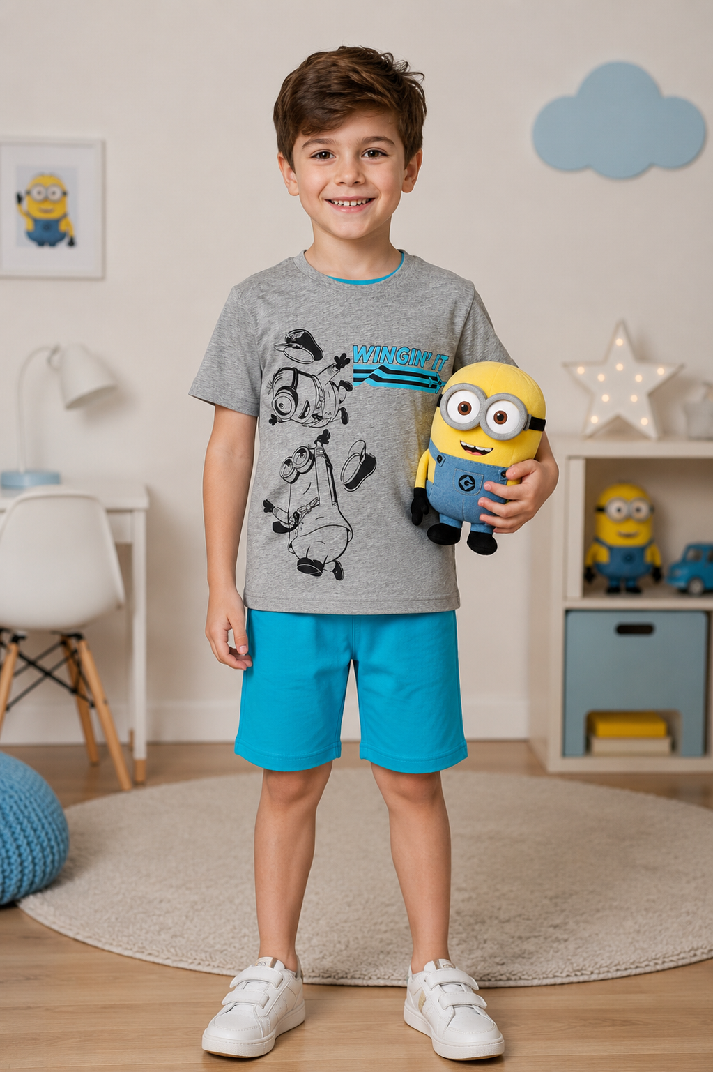 ست تیشرت و شلوارک نخی پسرانه طرح minions